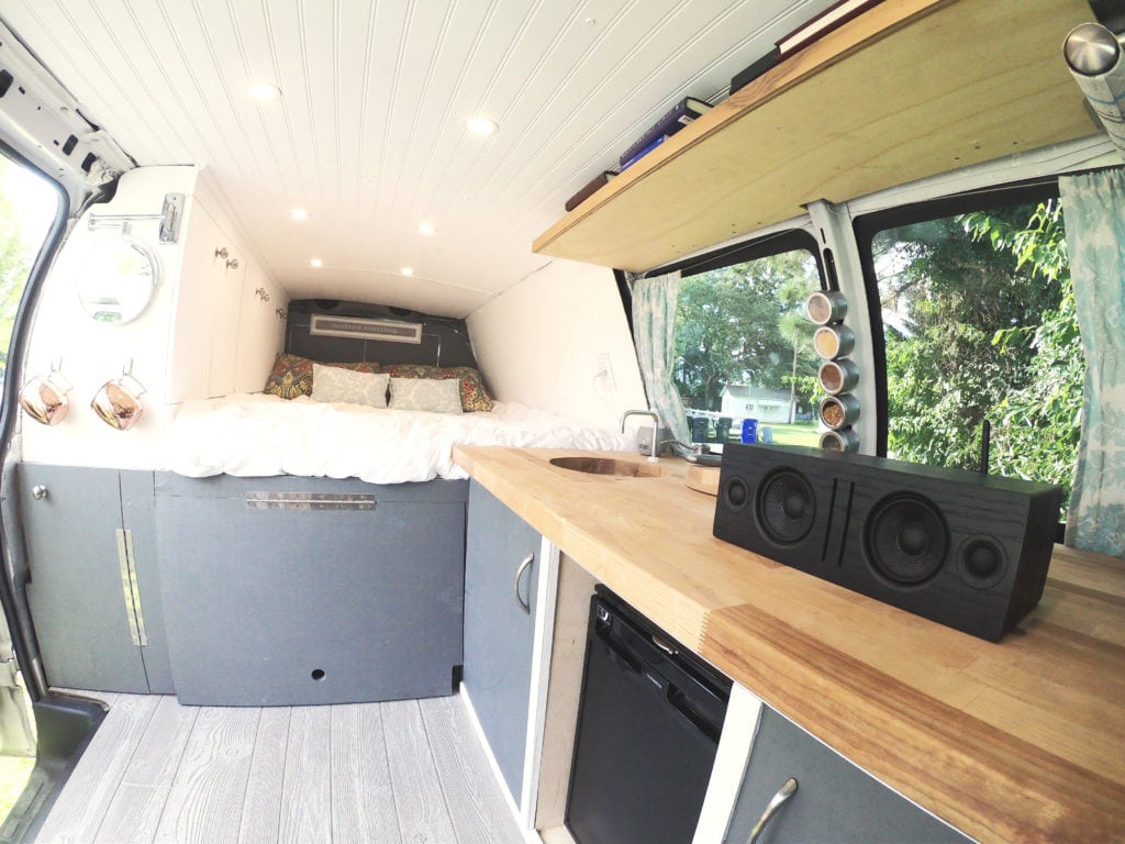 Tiny living van at night