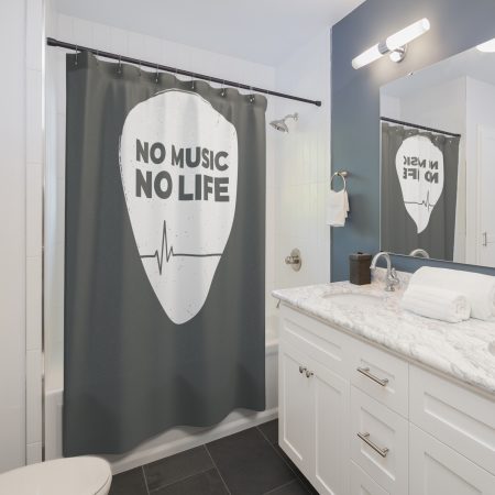 No Music No Life Shower Curtain — Guitar Pick Design with Heartbeat for Music Lovers