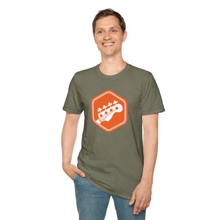 Orange Bass Guitar Badge T-Shirt — Retro Musician Tee for Bass Players