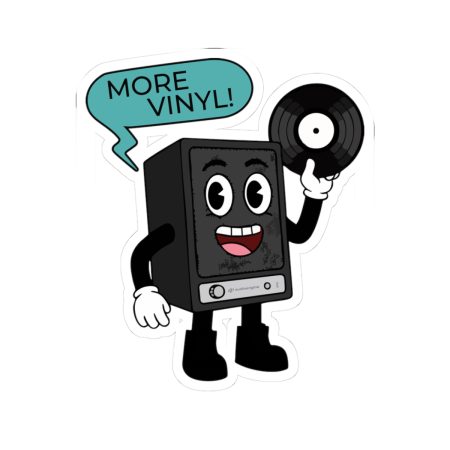 Retro Speaker Mascot Sticker — "More Vinyl!" Kiss-Cut Vinyl Sticker